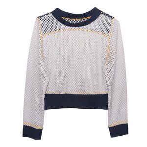 Katharine Kidd Gray Navy Fish Net Mesh Long Sleeve Athletic Athleisure Top Sz M